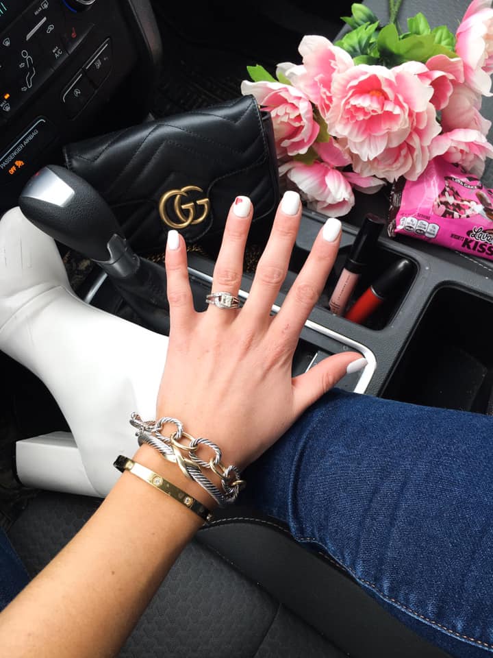 Gucci bag, Valentine's Day nails, white booties