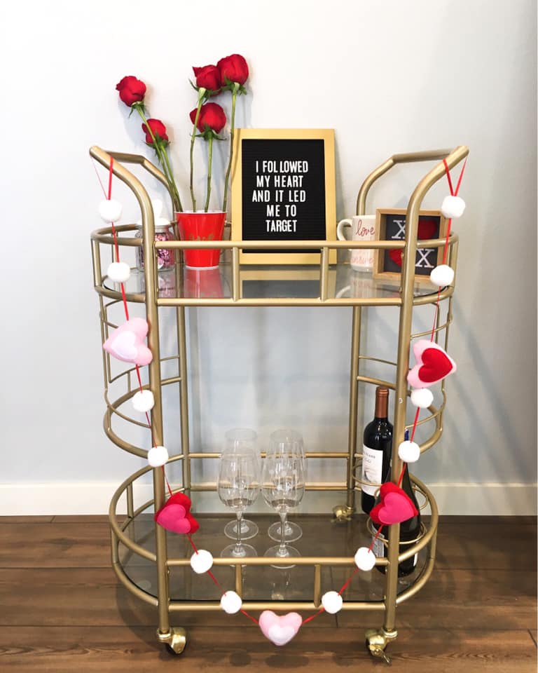 gold bar cart, VDay bar cart, letter board