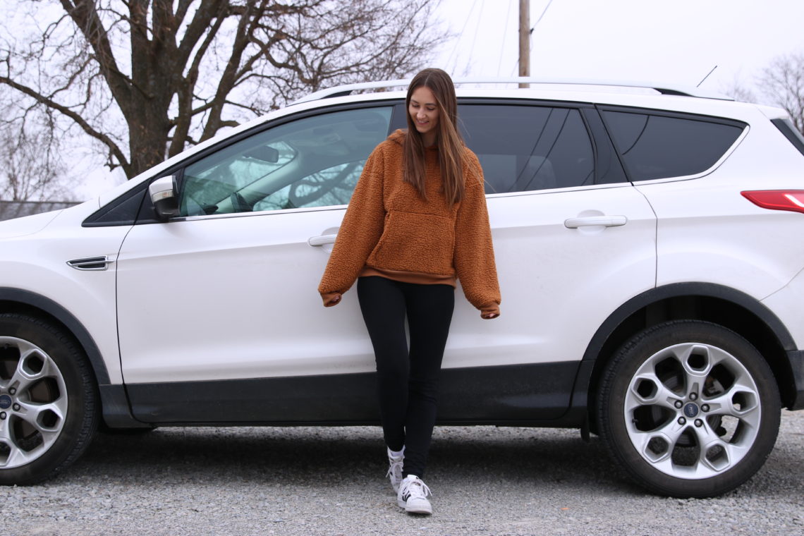 sherpa hoodie, black leggings, Adidas sneakers