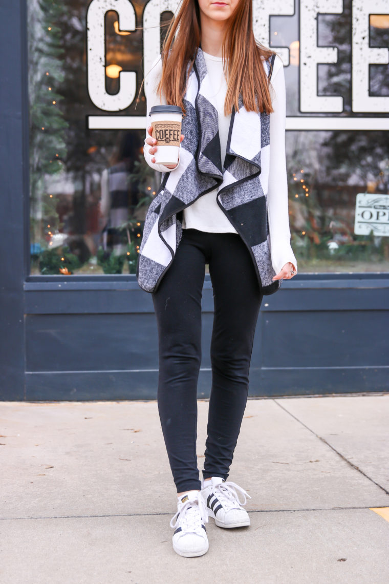 plaid vest, black leggings, casual style