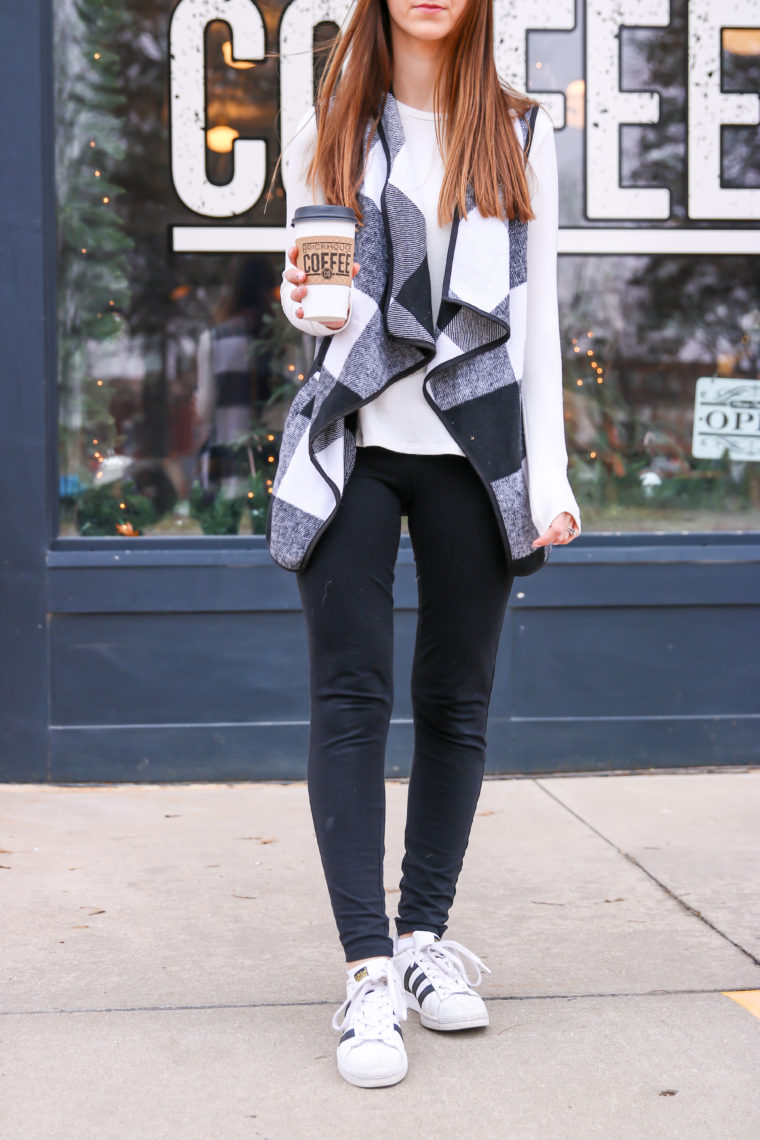 plaid vest, black leggings, casual style