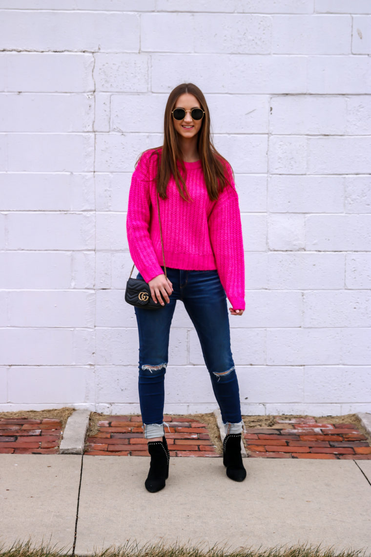 hot pink sweater, crew neck sweater, black booties