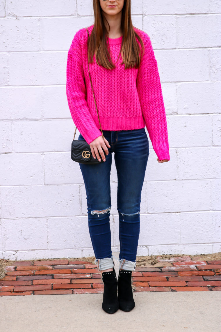 bright colored sweater, Gucci bag, VDay outfit