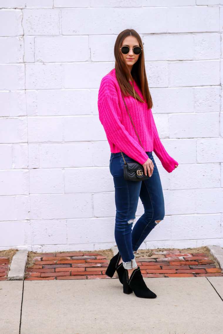 hot pink sweater, black booties, casual style