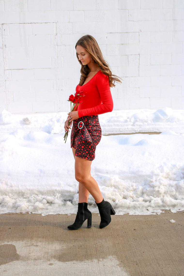 black sock booties, red bodysuit, VDay outfit