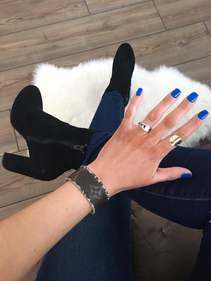 initial ring, blue nails, LV bracelet