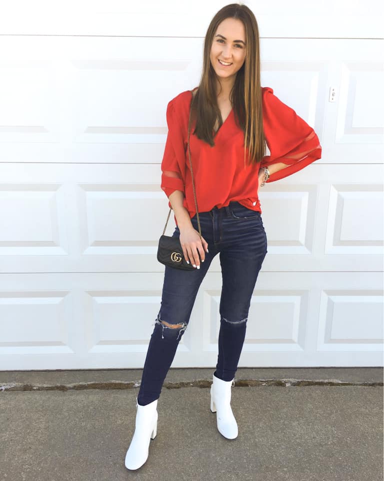 mesh sleeve blouse, Valentine's Day outfit, white booties