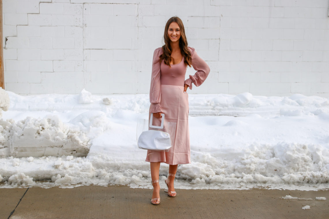 midi skirt, clear bag, Valentine's Day outfit