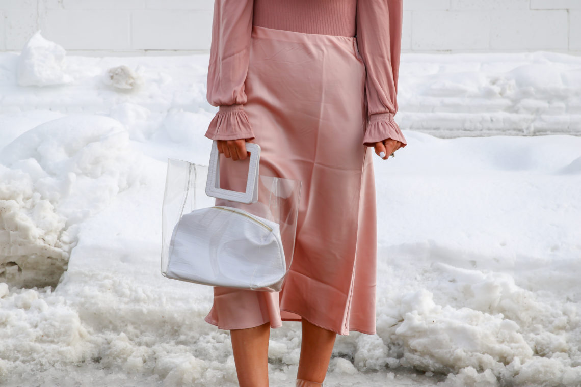 clear bag, pink midi skirt, VDay outfit
