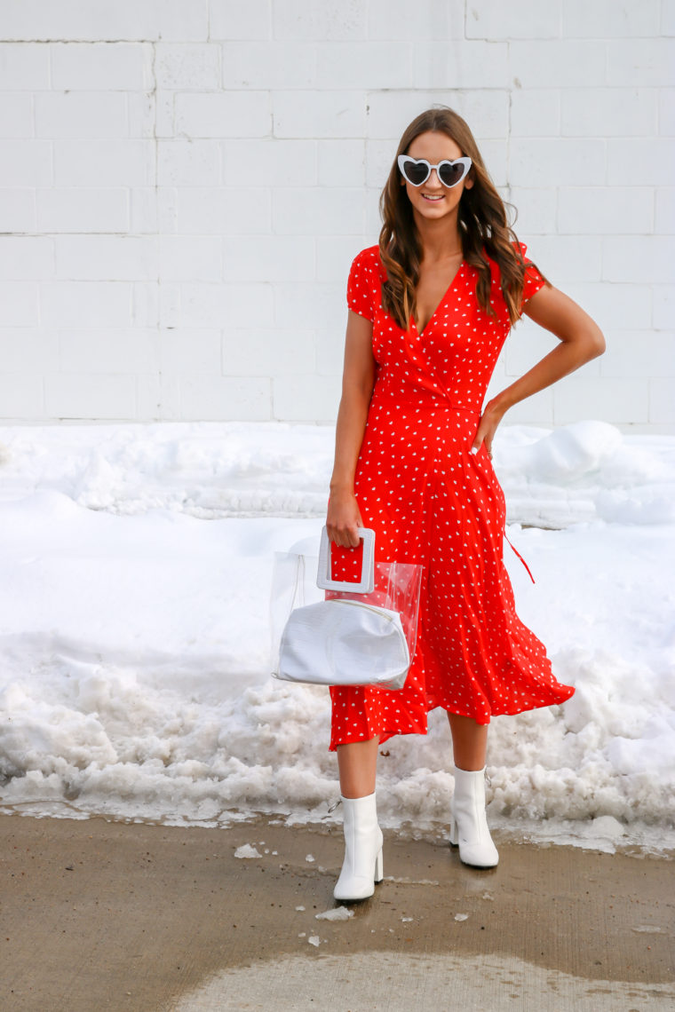 heart print midi dress, Valentine's Day outfit, white booties