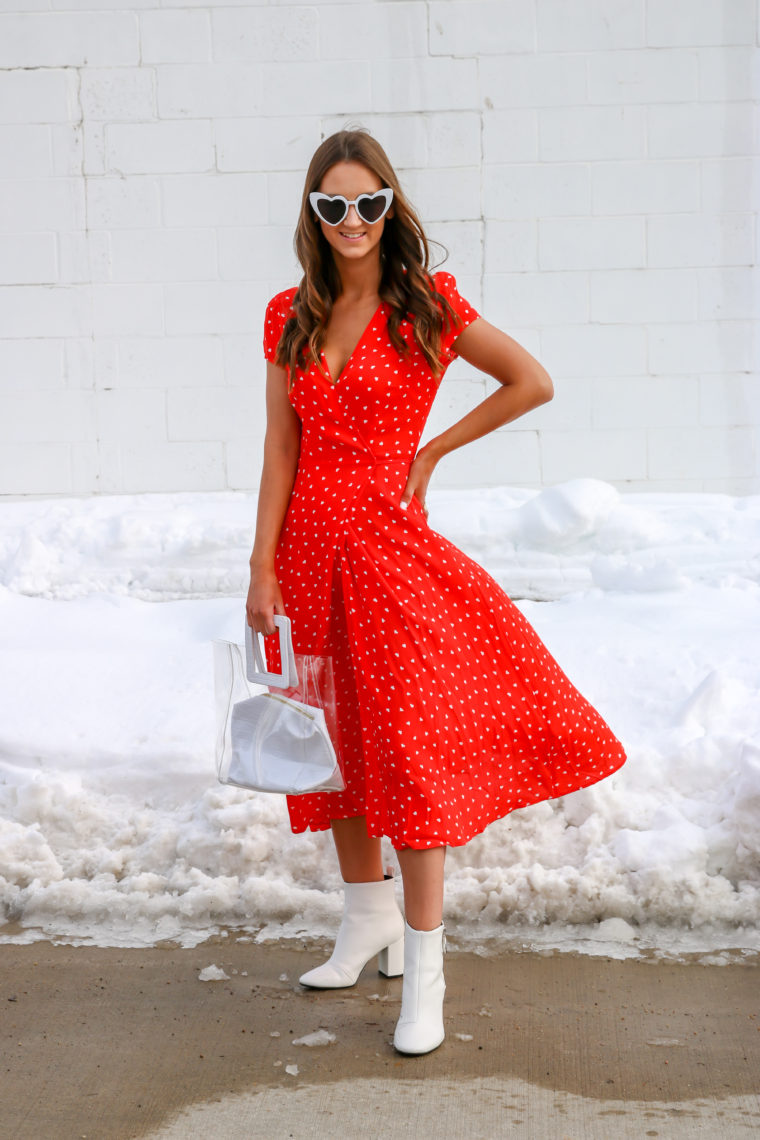 heart print midi dress, Valentine's Day outfit, white booties