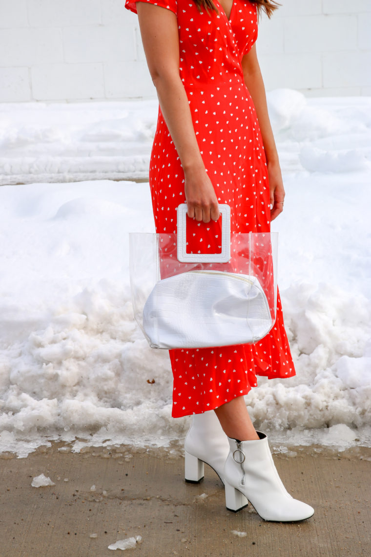 heart dress, clear bag, white booties