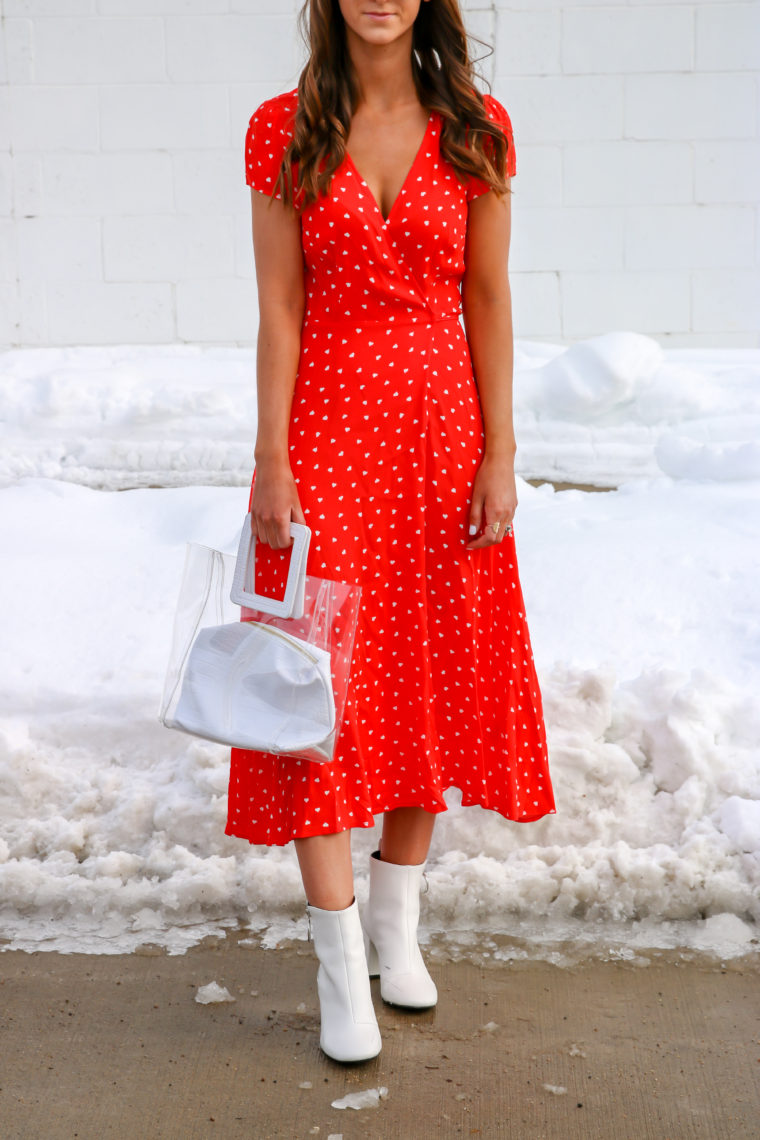 white booties, clear bag, midi dress