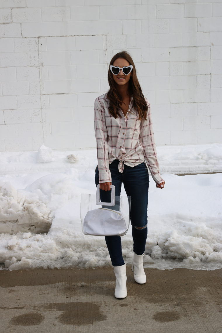 plaid flannel, clear bag, VDay look 
