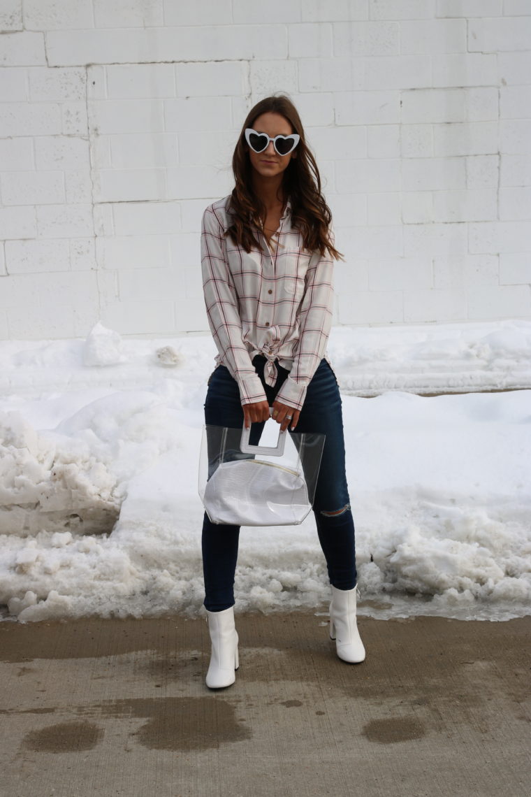 white booties, heart sunglasses, VDay look