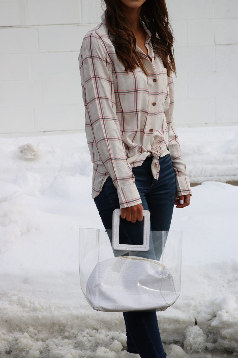 plaid shirt, clear bag, VDay style