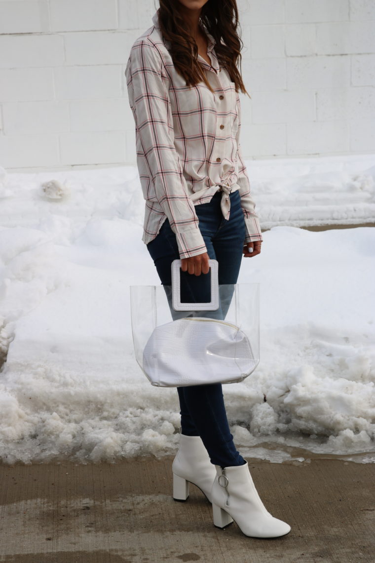 tie front top, white booties, clear bag