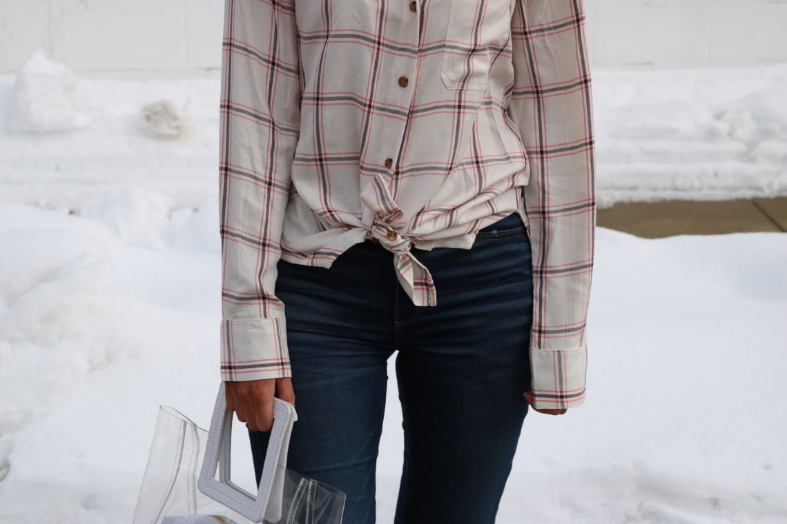 plaid shirt, tie front shirt, clear bag