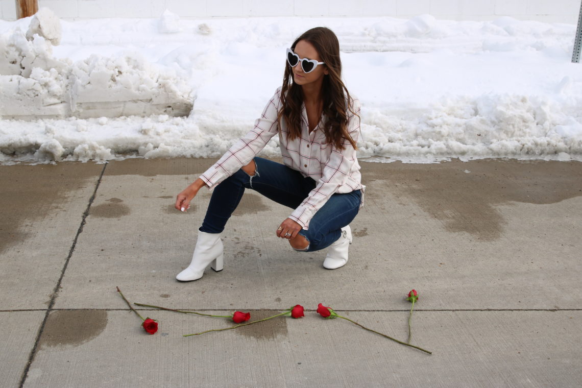 heart sunglasses, plaid tunic, white booties