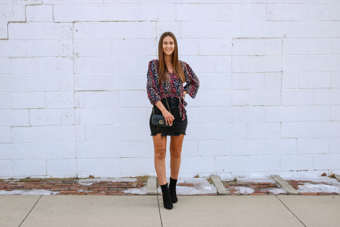 wrap front blouse, sock booties, street style