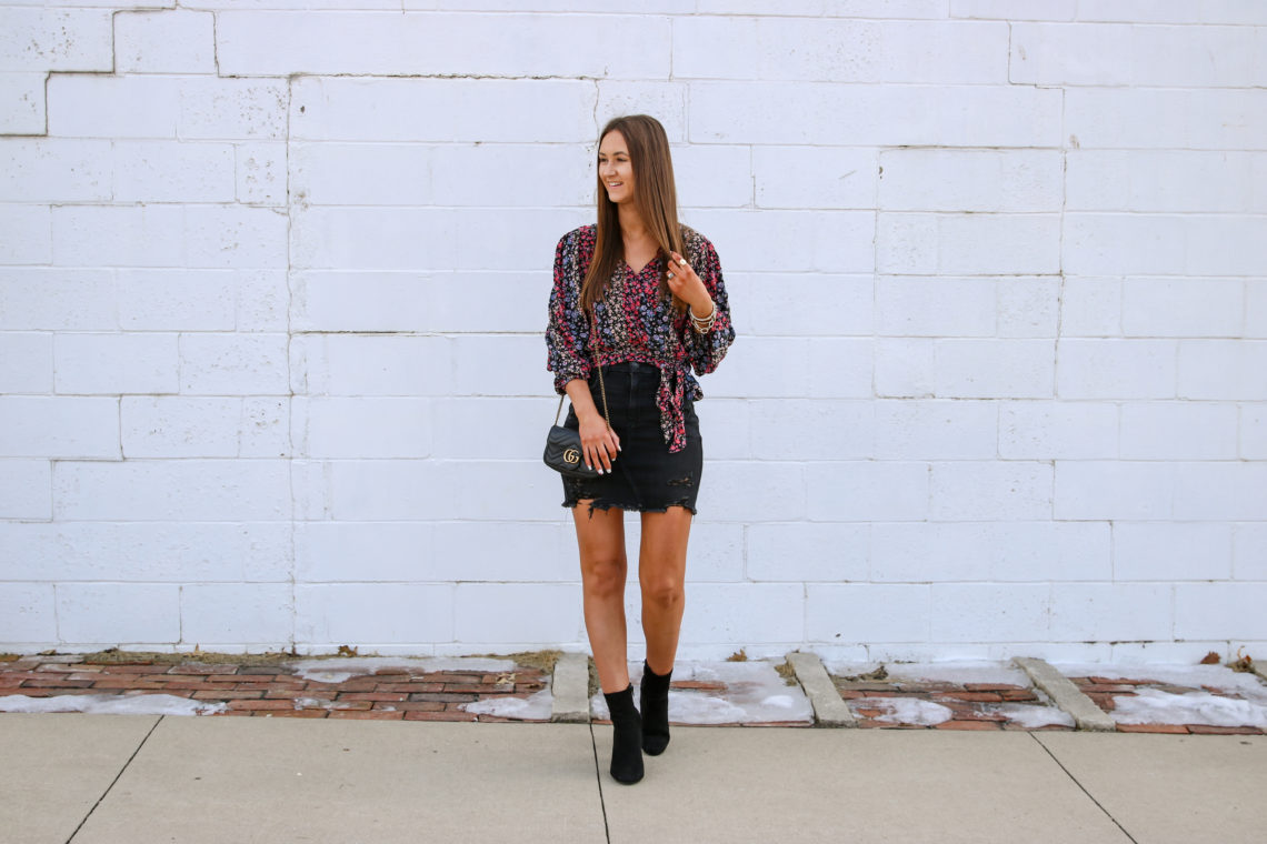 sock booties, wrap front blouse, street style