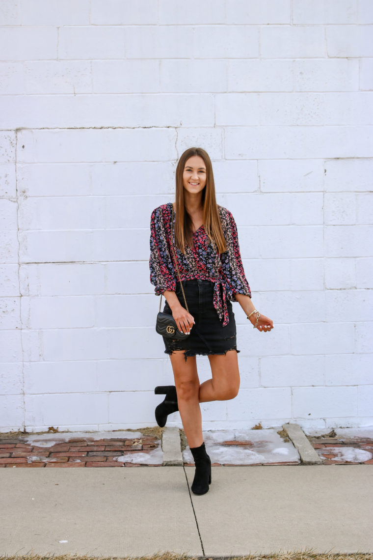 floral wrap top, black denim skirt, sock booties