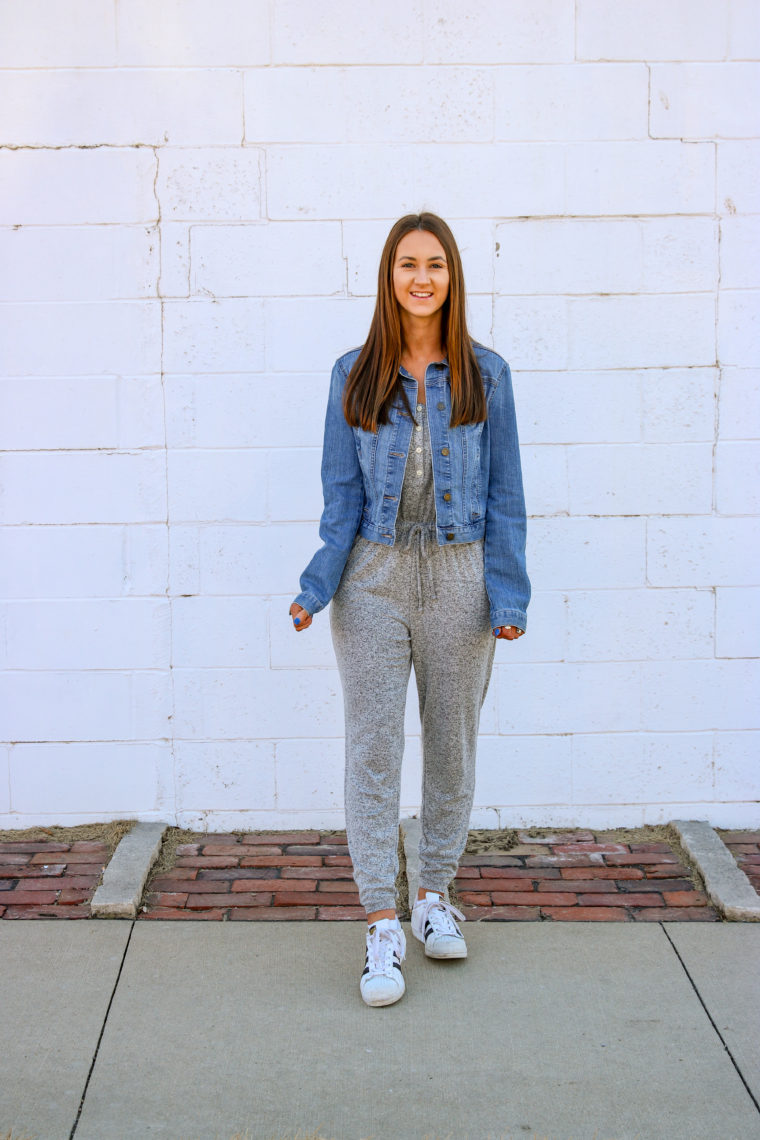 denim jacket, heather grey jumpsuit, casual style