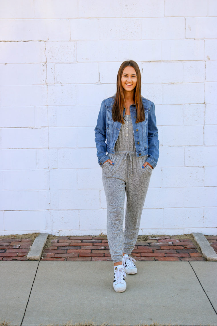 Adidas sneakers, comfy style, Old Navy jumpsuit