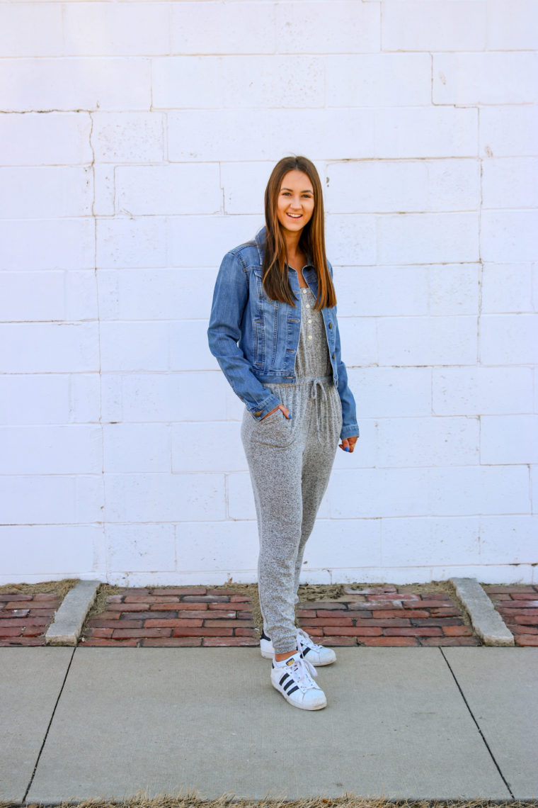 Loft denim jacket, knit jumpsuit, street style