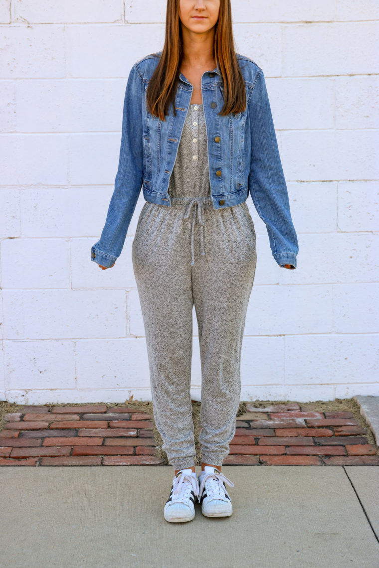 casual jumpsuit, comfy style, blue jacket