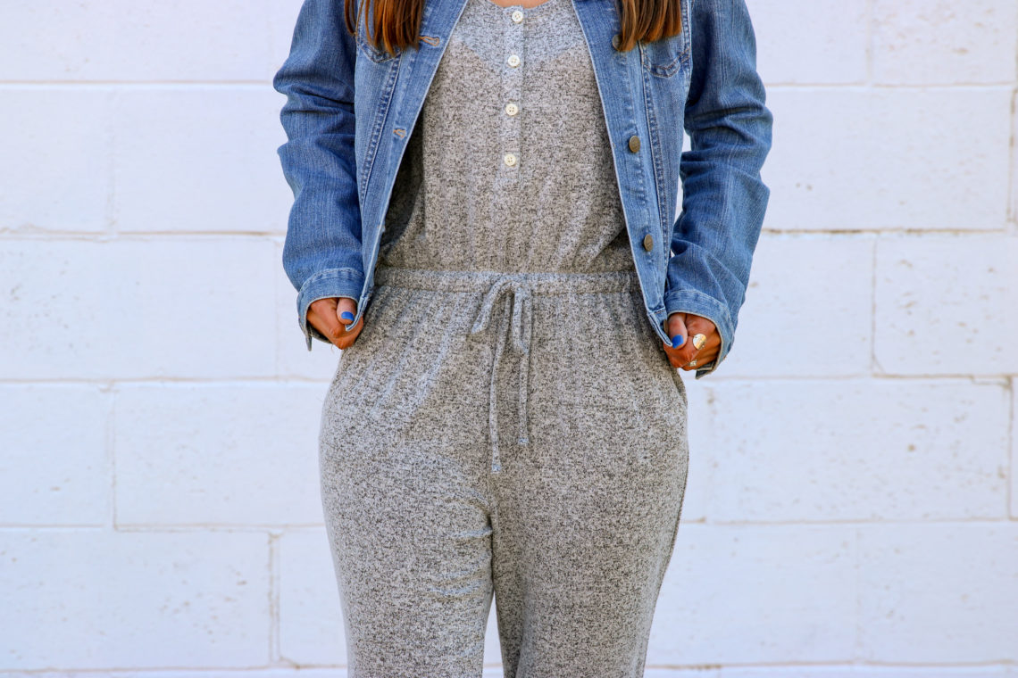 comfy jumpsuit, denim jacket