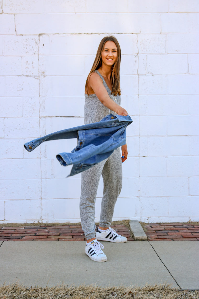 street style, heather grey knit jumpsuit