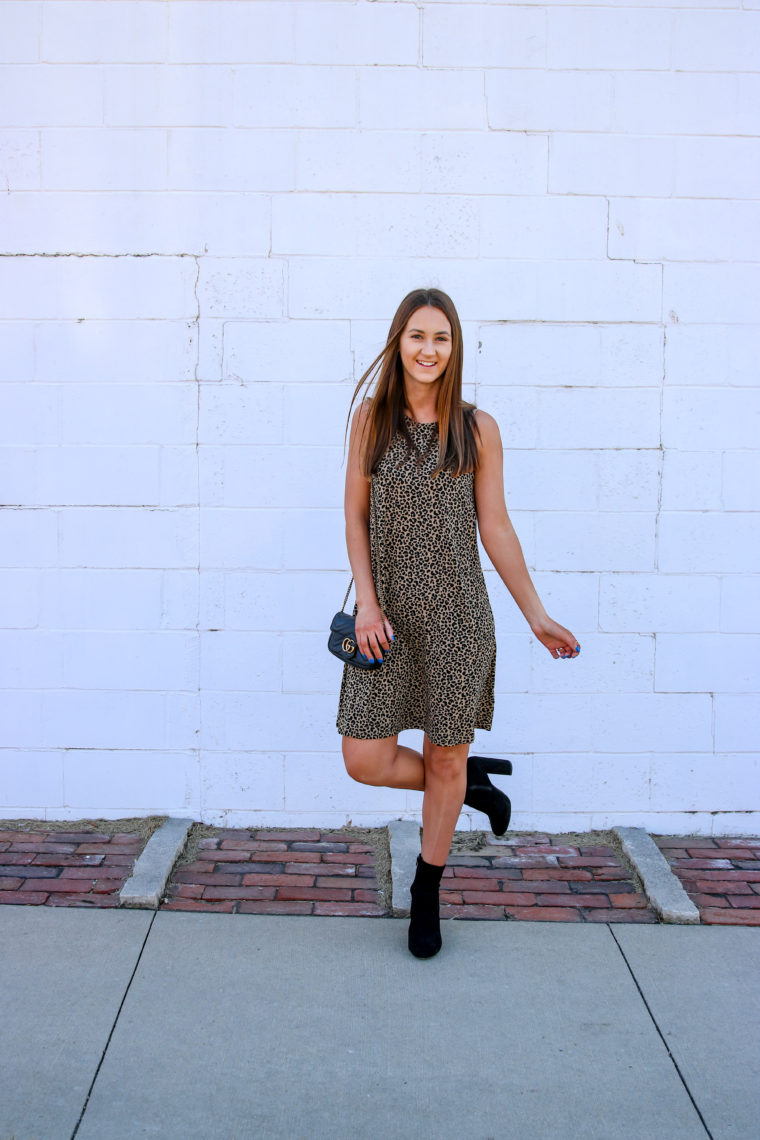 sock booties, leopard swing dress, street style 