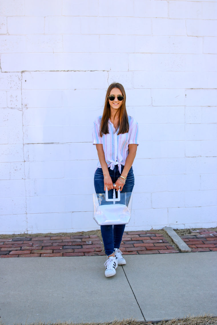 striped shirt, clear bag, casual style