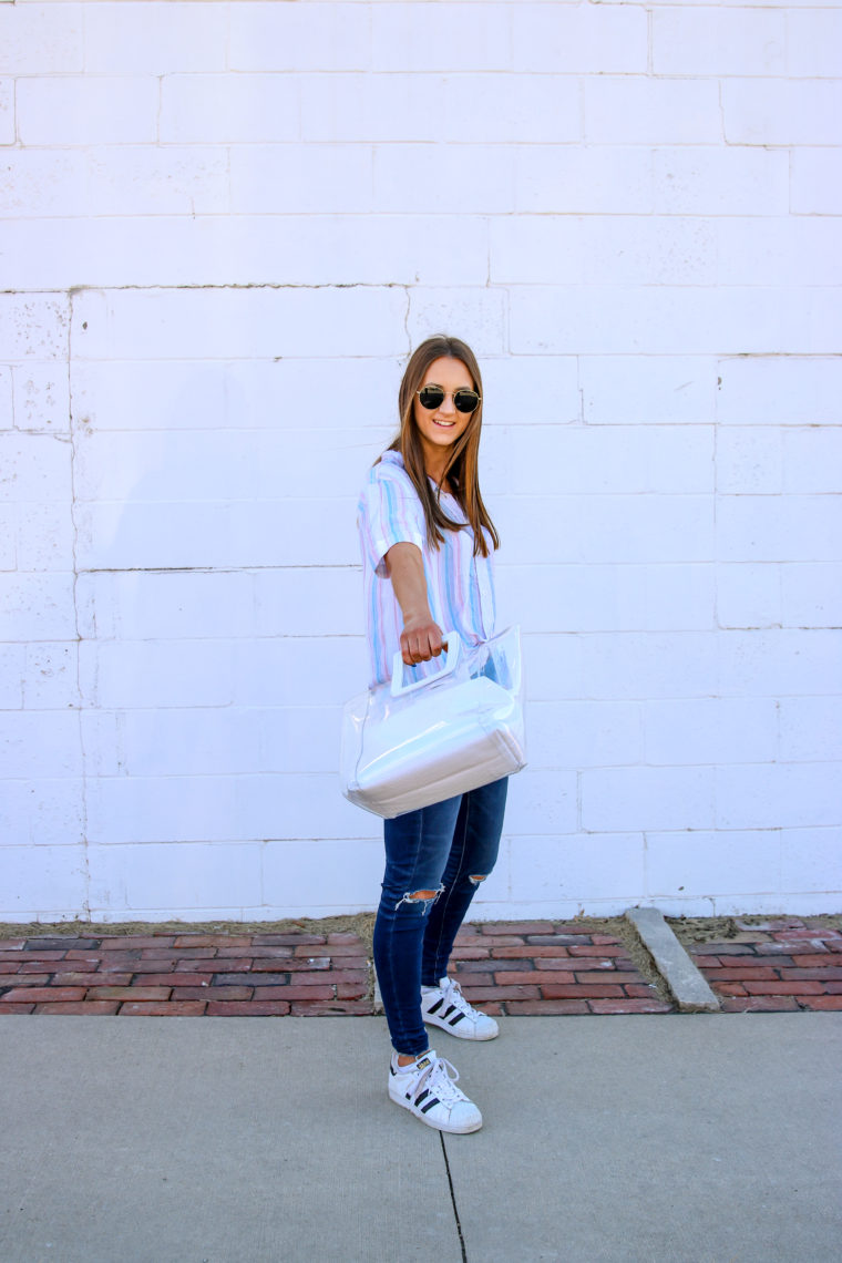 clear bag, striped top, spring style