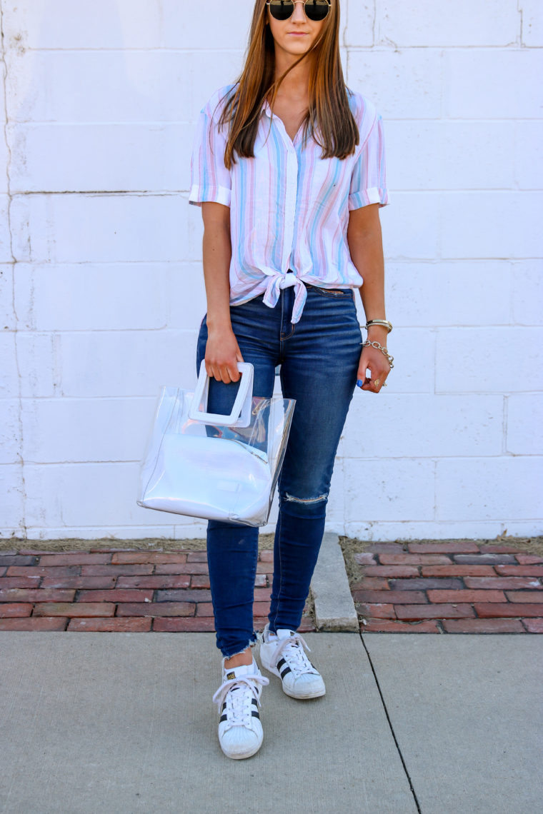 tie front shirt, round sunglasses, spring style