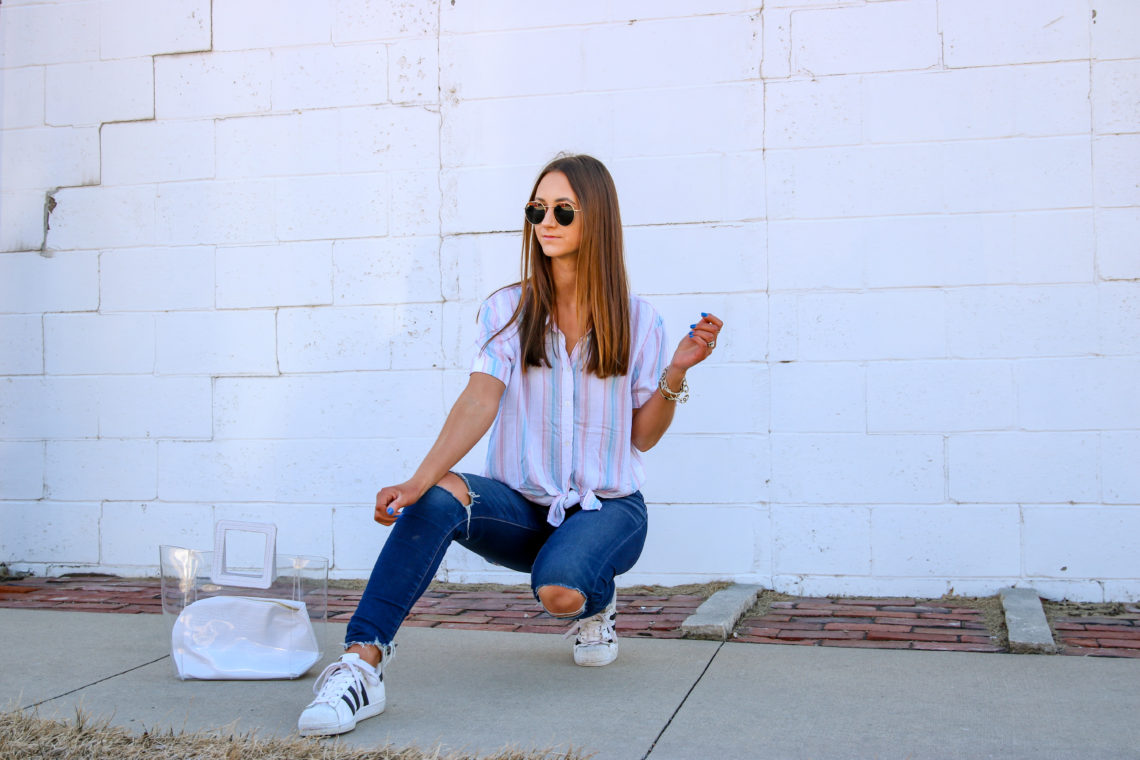 clear bag, button up shirt, street style