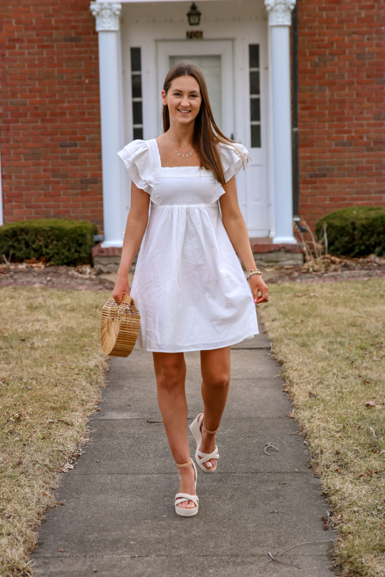 ruffle sleeve dress, Cult Gaia bag, spring style