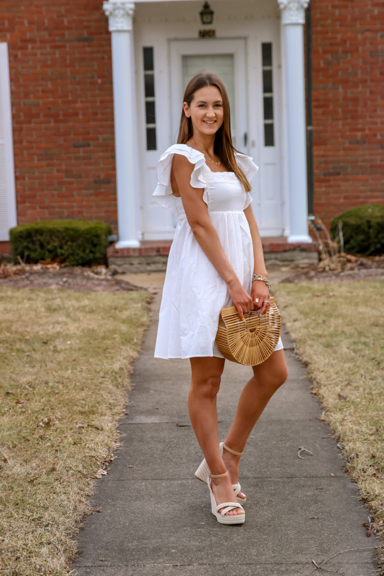 white dress, Cult Gaia bag, spring style 