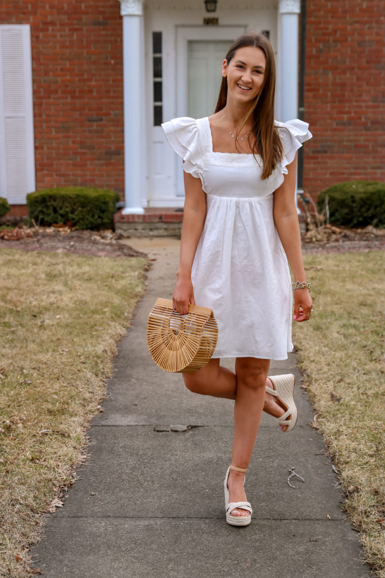 white ruffle dress, basket bag, Easter outfit