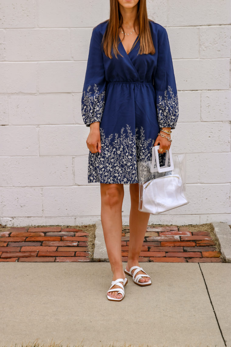 v-neck dress, white sandals, clear bag 