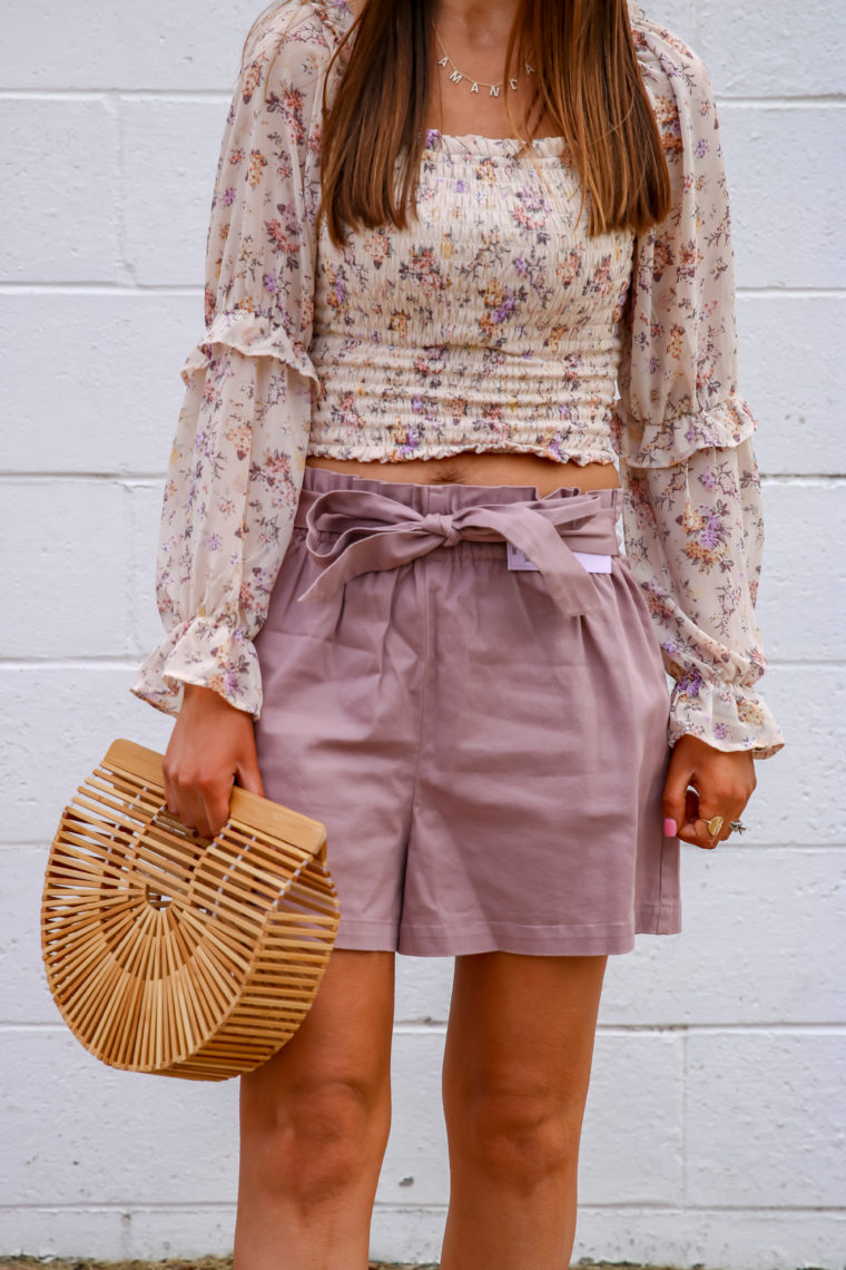 smocked crop top, high waist paperbag shorts, spring style 