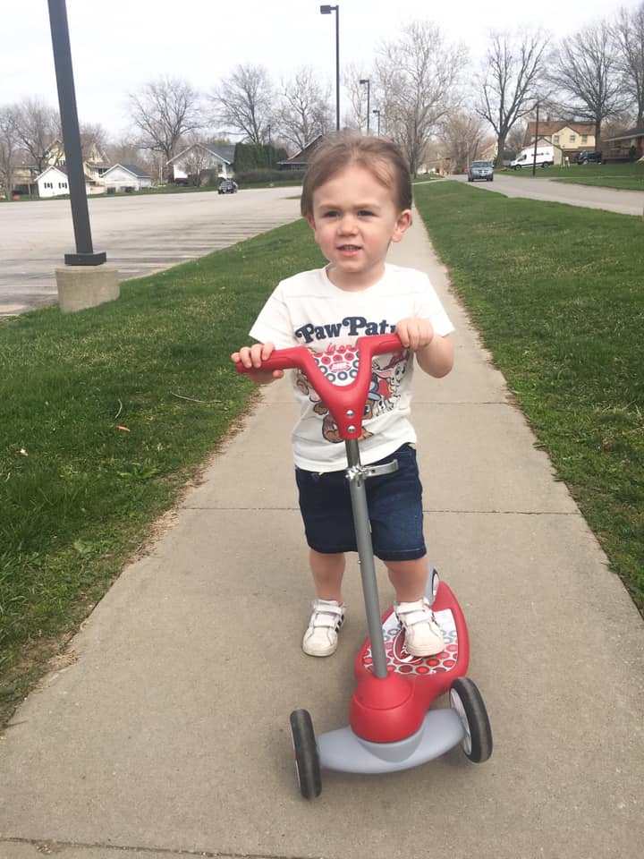 red scooter, paw patrol, toddler boy 
