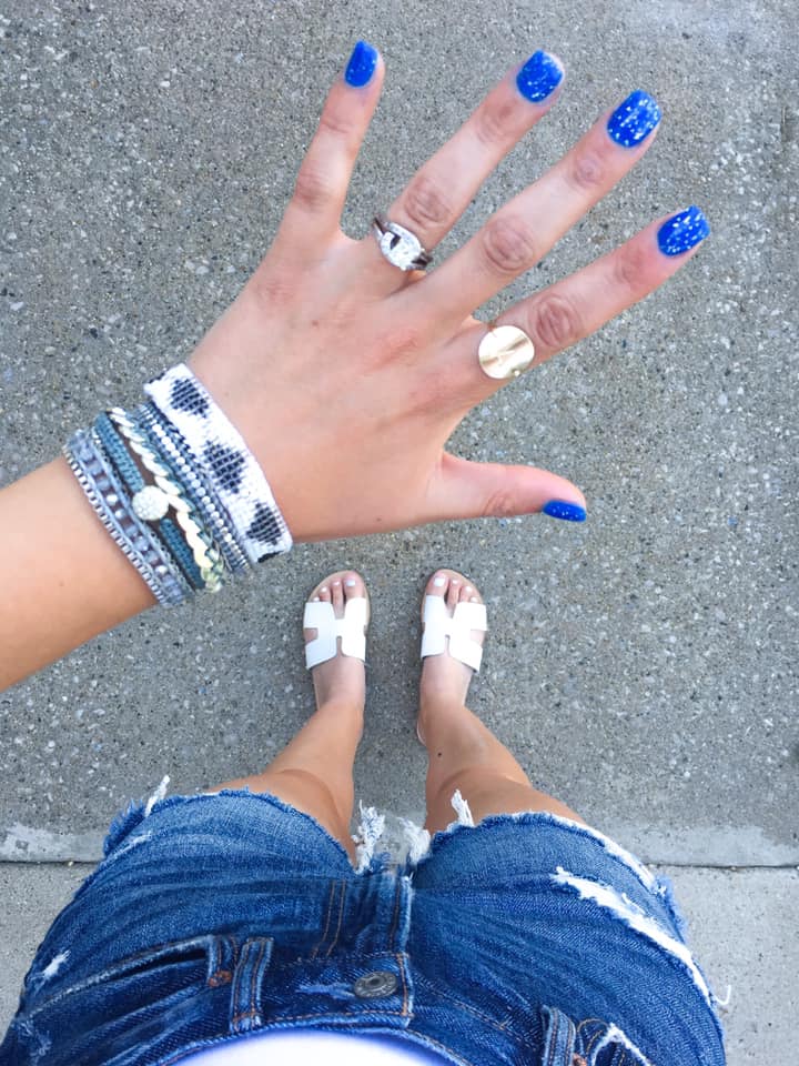 blue nails, sparkly nails, 4th of July nails, wrap bracelet