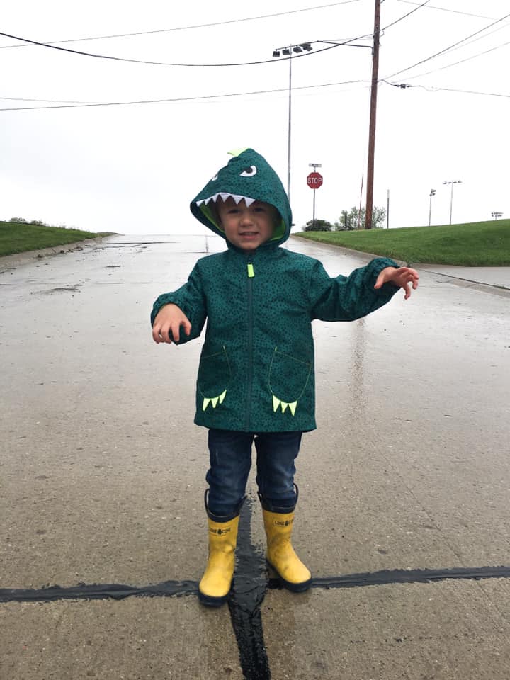 yellow rain boots, dinosaur rain jacket 