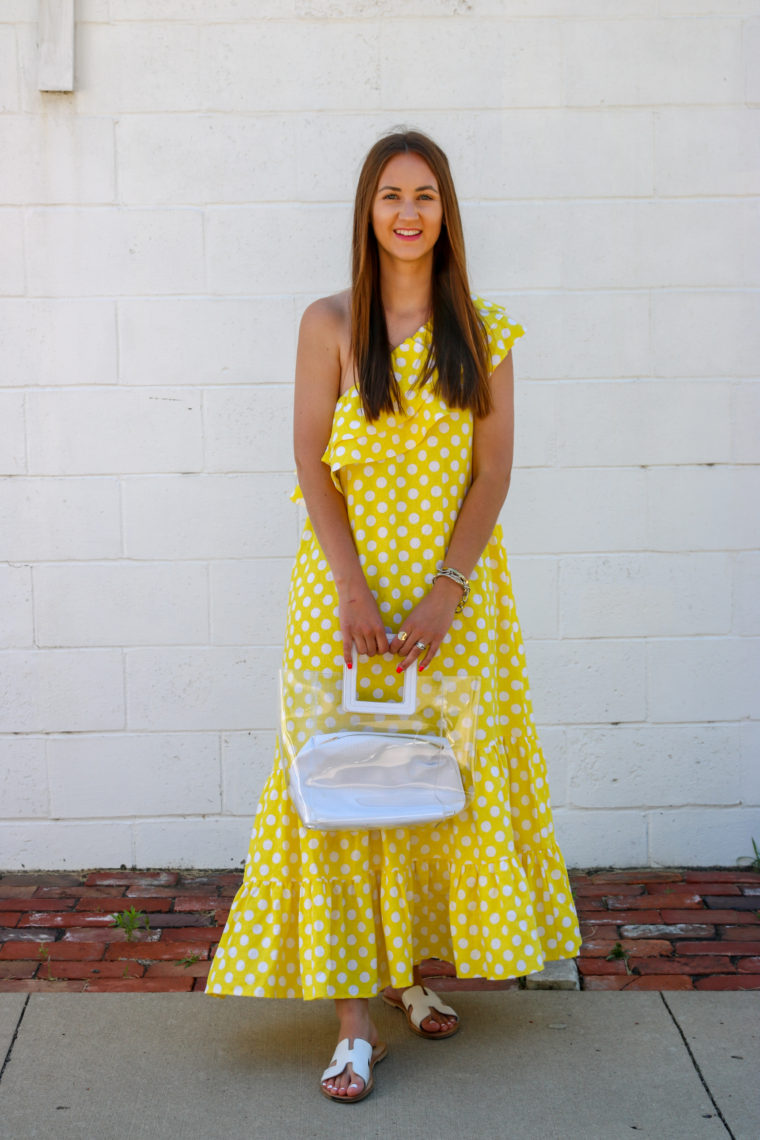 polka dot dress, maxi dress, clear bag 