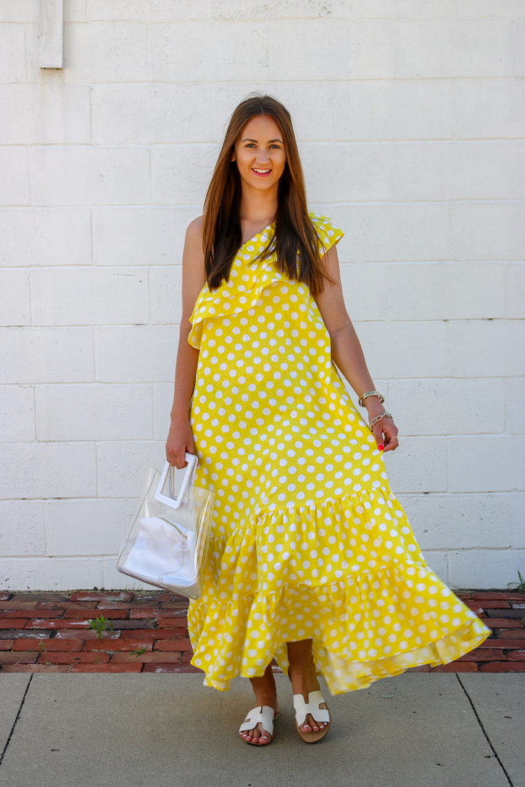 one shoulder dress, yellow dress, Greece slides