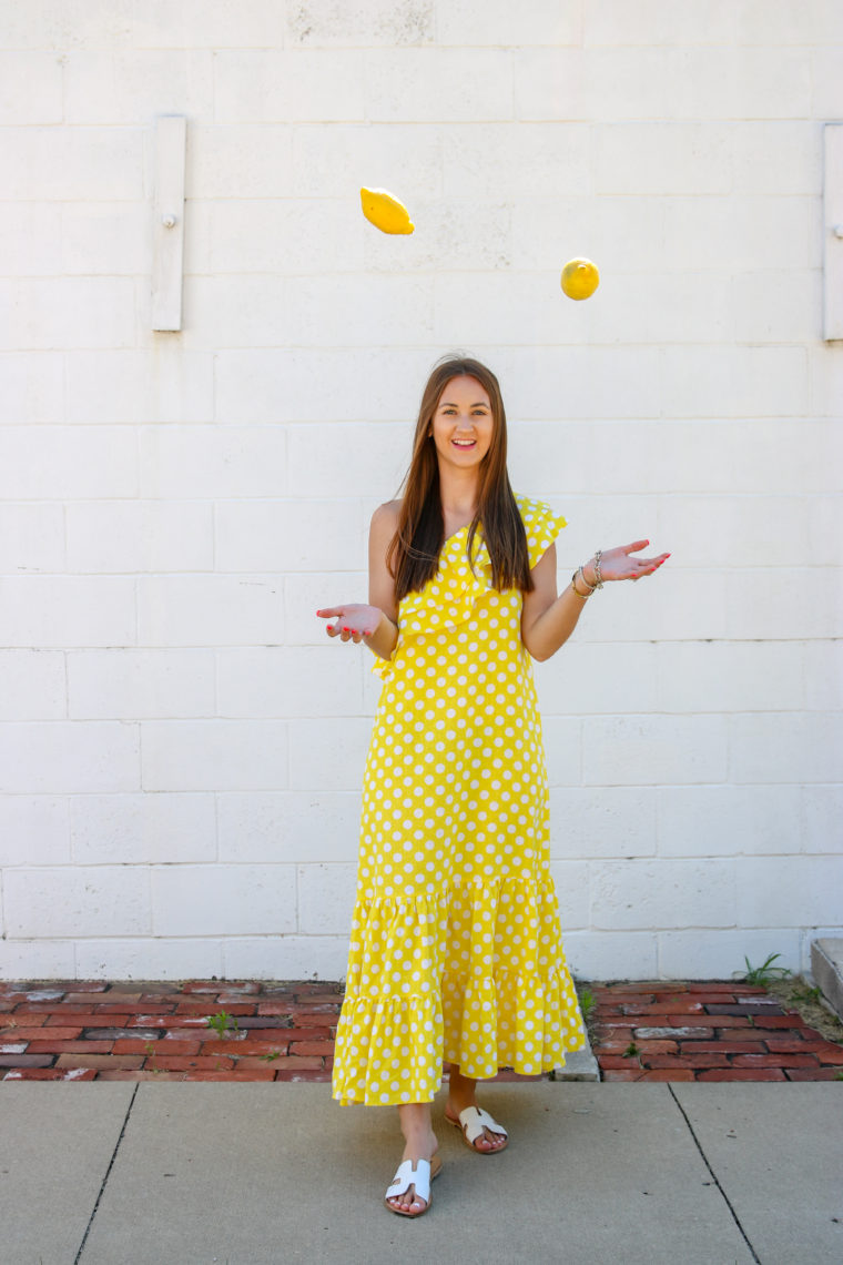 yellow polka dot dress, spring dress, lemons
