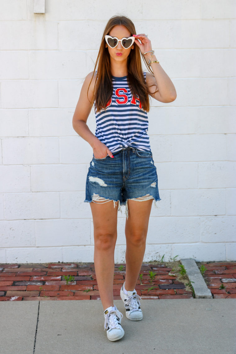 boyfriend shorts, USA tank top, 4th of July outfit
