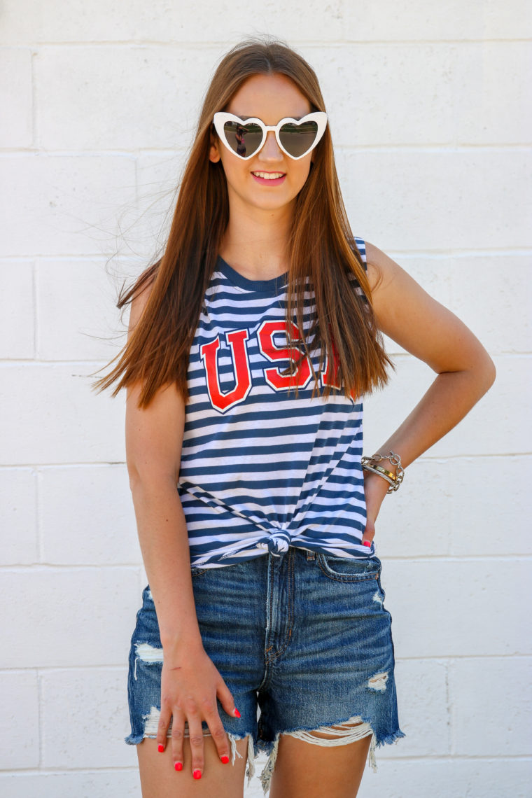 knotted tank top, heart sunglasses, 4th of July outfit